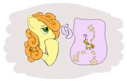 Size: 640x407 | Tagged: safe, artist:ponypharmacist, derpibooru import, carrot top, golden harvest, earth pony, pony, fanfic:the purloined pony, fanfic art, image, png, pondering, simple background, solo, thinking, white background