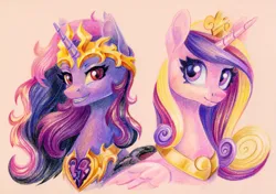 Size: 1709x1200 | Tagged: safe, artist:maytee, derpibooru import, princess cadance, alicorn, pony, commission, duality, evil grin, grin, image, nightmare cadance, nightmarified, png, simple background, smiling, traditional art