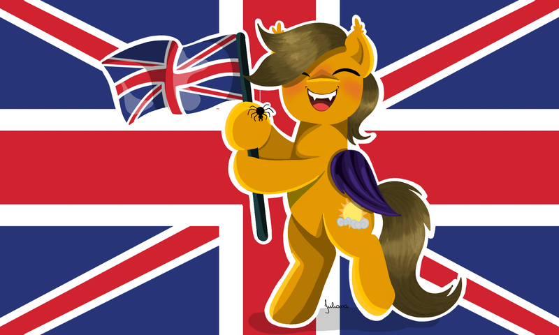 Size: 2000x1200 | Tagged: safe, artist:julie25609, derpibooru import, oc, oc:summer dawn, unofficial characters only, bat pony, spider, bat pony oc, bat wings, british, flag, image, png, solo, union jack, wings