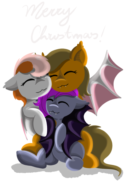 Size: 1640x2360 | Tagged: safe, artist:julie25609, derpibooru import, oc, oc:dream strider, oc:night shade, oc:summer dawn, unofficial characters only, bat pony, bat pony oc, bat wings, christmas, holiday, hug, hug from behind, image, merry christmas, png, simple background, snuggling, transparent background, wholesome, winghug, wings