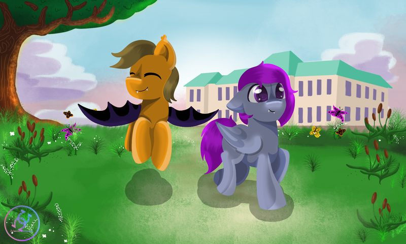 Size: 2000x1200 | Tagged: safe, artist:julie25609, derpibooru import, oc, oc:dream strider, oc:summer dawn, bat pony, butterfly, insect, flying, image, outdoors, png