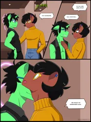 Size: 2048x2734 | Tagged: suggestive, artist:shallowwin, derpibooru import, anthro, earth pony, pony, unicorn, background, comic, commission, cute, dialogue, ear piercing, flirting, gay, glasses, image, male, part 1, piercing, png, stallion, stallion on stallion