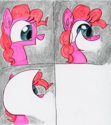 Size: 3531x4000 | Tagged: safe, artist:ja0822ck, derpibooru import, pinkie pie, earth pony, pony, 4 panel comic, big smile, bust, comic, ear fluff, female, gray background, image, impossibly large smile, jpeg, laughing, mare, not salmon, open mouth, open smile, simple background, smiling, solo, traditional art, wat