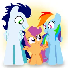 Size: 1400x1400 | Tagged: safe, artist:mlplary6, derpibooru import, rainbow dash, scootaloo, soarin', pegasus, pony, boyfriend and girlfriend, female, filly, foal, image, looking at each other, looking at someone, male, mare, png, scootalove, shipping, siblings, sisters, smiling, smiling at each other, soarindash, stallion, straight