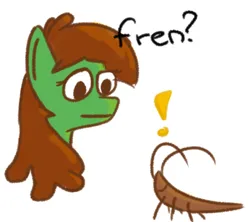 Size: 976x868 | Tagged: safe, artist:mrbrain, derpibooru import, oc, cockroach, earth pony, insect, brown mane, colored, earth pony oc, green coat, head only, image, looking at each other, looking at someone, png, simple background, sketch, tired, white background