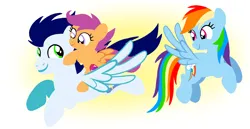 Size: 1980x1020 | Tagged: safe, artist:mlplary6, derpibooru import, rainbow dash, scootaloo, soarin', pegasus, pony, boyfriend and girlfriend, female, filly, flying, foal, image, looking at each other, looking at someone, male, mare, png, scootalove, shipping, siblings, sisters, smiling, smiling at each other, soarindash, stallion, straight
