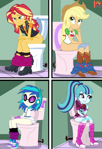 Size: 2300x3330 | Tagged: questionable, artist:succubi samus, derpibooru import, applejack, sonata dusk, sunset shimmer, vinyl scratch, bottomless, but why, clothes, earbuds, image, implied pooping, pants, pants down, partial nudity, png, potty time, sunglasses, toilet, varying degrees of amusement