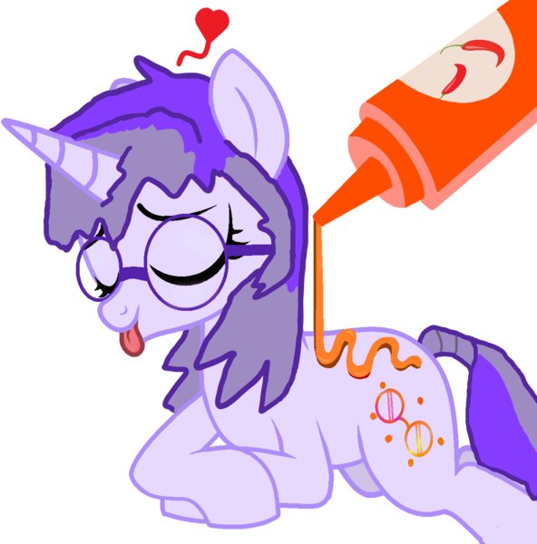 Size: 1187x1204 | Tagged: suggestive, artist:mellow91, derpibooru import, oc, oc:glass sight, unicorn, adorasexy, cute, eyes closed, female, food, glasses, heart, horn, hot sauce, image, lying down, ocbetes, png, pouring, prone, relaxing, sauce, sexy, simple background, solo, solo female, tongue out, transparent background, unicorn oc