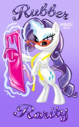Size: 2775x4451 | Tagged: safe, artist:hornbuckle, derpibooru import, rarity, pony, unicorn, badge, con badge, dressmaking, glasses, glow, glowing horn, gradient background, horn, image, latex, magic, makeup, measuring tape, png, rarity's glasses, rubber, standing, standing on two hooves, telekinesis, tools