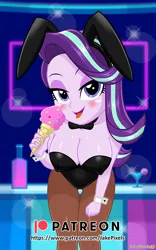 Size: 606x970 | Tagged: suggestive, artist:jakepixels, derpibooru import, starlight glimmer, human, equestria girls, blushing, breasts, bunny ears, bunny suit, busty starlight glimmer, clothes, female, food, gumroad, gumroad logo, ice cream, ice cream cone, image, looking at you, patreon, patreon logo, playboy bunny starlight glimmer, png, sexy, solo, solo female, stupid sexy starlight glimmer, tongue out