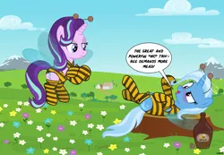Size: 6500x4500 | Tagged: safe, artist:a4r91n, derpibooru import, starlight glimmer, trixie, bee, bee pony, insect, original species, pony, unicorn, alcohol, clothes, costume, crossed hooves, drink, drunk, flower, image, leotard, png, socks, speech bubble, starlight glimmer is not amused, unamused