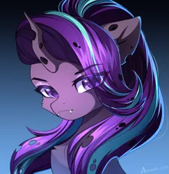 Size: 1497x1541 | Tagged: safe, artist:airiniblock, derpibooru import, starlight glimmer, changeling, pony, bust, changelingified, digital art, eye clipping through hair, female, gradient background, horn, icon, image, looking at you, looking back, looking back at you, mare, png, purple changeling, purple eyes, purple mane, rcf community, signature, simple background, solo, species swap