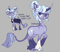 Size: 828x720 | Tagged: safe, artist:bishopony, oc, oc:stardust dazzle, unofficial characters only, pony, unicorn, alternate design, alternate universe, cloak, clothes, cloven hooves, coat markings, curved horn, female, glasses, gray background, grumpy, hair bun, horn, image, jpeg, kinsona, leonine tail, looking at you, mare, simple background, solo, twitterina design, unshorn fetlocks