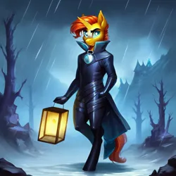 Size: 1536x1536 | Tagged: suggestive, derpibooru import, machine learning generated, stable diffusion, sunburst, anthro, unguligrade anthro, unicorn, ai content, cape, clothes, collar, dead tree, generator:purplesmart.ai, glasses, image, jpeg, lantern, latex, latex suit, looking at you, night, prompter:thegoldenmonk, rain, scenery, solo, storm, tree