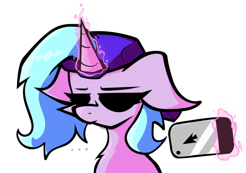 Size: 4715x3332 | Tagged: safe, artist:foxtrnal, derpibooru import, oc, oc:cybermare, unofficial characters only, pony, unicorn, ..., backwards ballcap, baseball cap, bust, cap, hat, image, looking at you, loveweb, magic, phone, png, simple background, solo, telekinesis, transparent background