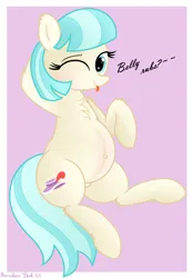 Size: 2655x3813 | Tagged: safe, artist:rainbowšpekgs, derpibooru import, coco pommel, earth pony, pony, :p, belly, belly button, big belly, chest fluff, cute, image, looking at you, one eye closed, outie belly button, png, pregnant, sitting, tongue out