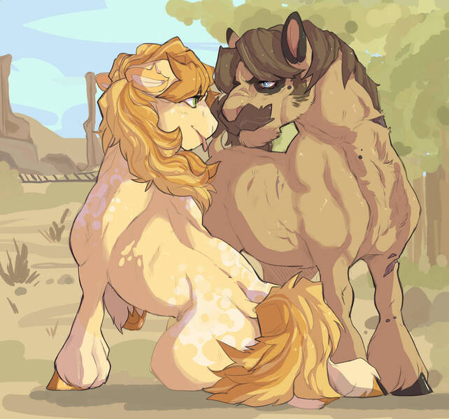 Size: 925x864 | Tagged: safe, artist:dingobreath, braeburn, sheriff silverstar, earth pony, pony, appleloosa, coat markings, colored hooves, dappled, facial hair, gay, image, jpeg, leg fluff, looking at each other, male, scenery, shipping, silverburn, sitting, stallion, standing, story included