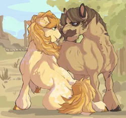 Size: 925x864 | Tagged: safe, artist:dingobreath, braeburn, sheriff silverstar, earth pony, pony, appleloosa, coat markings, colored hooves, dappled, facial hair, gay, image, jpeg, leg fluff, looking at each other, male, scenery, shipping, silverburn, sitting, stallion, standing, story included