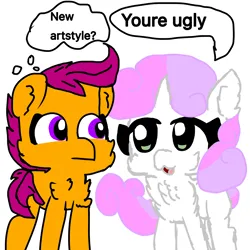 Size: 4096x4096 | Tagged: safe, artist:sweetsterty, derpibooru import, scootaloo, sweetie belle, cheek fluff, chest fluff, cute, dialogue, diasweetes, image, improvement, png, simple background, speech bubble, ugly, white background