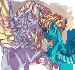 Size: 925x864 | Tagged: safe, artist:dingobreath, derpy hooves, oc, oc:risky gambit, pegasus, pony, chest fluff, coat markings, colored hooves, colored wings, colt, crying, ear fluff, feathered fetlocks, female, holding hooves, image, jpeg, magical lesbian spawn, male, mare, mother and child, mother and son, multicolored wings, neck feathers, next generation, offspring, open mouth, parent:derpy hooves, parent:rainbow dash, parents:derpydash, simple background, spread wings, story included, wings