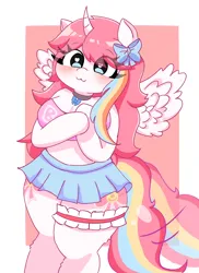 Size: 1592x2191 | Tagged: safe, artist:leo19969525, derpibooru import, oc, oc:nekonin, alicorn, anthro, :3, arm hooves, bandeau, blushing, bow, breasts, chubby, clothes, collar, crossdressing, femboy, garter, hair bow, heart, heart eyes, image, male, miniskirt, png, skirt, tail, tail wag, wingding eyes