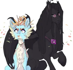 Size: 913x875 | Tagged: safe, artist:dingobreath, oc, oc:lucky star, oc:midnight's kiss, unofficial characters only, bat pony, pegasus, pony, allergies, bat wings, camera, cheek feathers, chest fluff, couple, duo male and female, female, glasses, height difference, image, jewelry, jpeg, magical lesbian spawn, male, mare, missing wing, necklace, oc x oc, offspring, parent:derpy hooves, parent:rainbow dash, parents:derpydash, scar, shipping, simple background, sitting, sneezing, stallion, straight, white background, wingless, wings