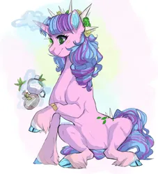 Size: 852x938 | Tagged: safe, artist:dingobreath, oc, oc:ivy lush, unofficial characters only, pony, unicorn, bandaid, bangs, cloven hooves, colored ears, colored hooves, commission, female, flower, image, jpeg, leaves, leg fluff, levitation, magic, magic aura, mare, potion, simple background, sitting, smiling, solo, spiked headband, telekinesis, white background
