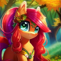 Size: 512x512 | Tagged: safe, ai content, derpibooru import, machine learning generated, prompter:starshine, oc, oc:ayene, pony, autumn, cute, forest, grass, image, long hair, looking at you, nature, png, tree