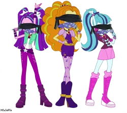 Size: 3500x3116 | Tagged: safe, artist:mixiepie, derpibooru import, edit, adagio dazzle, aria blaze, sonata dusk, equestria girls, absurd resolution, blindfold, boots, cloth gag, clothes, gag, image, microphone, png, shoes, simple background, the dazzlings, transparent background, trio, vector