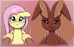 Size: 2372x1532 | Tagged: safe, artist:heretichesh, derpibooru import, fluttershy, lopunny, pegasus, pony, bedroom eyes, blushing, duo, female, floppy ears, frown, holding a pony, image, jpeg, looking at each other, looking at someone, mare, nervous sweat, pokémon, signature, smiling, sweat