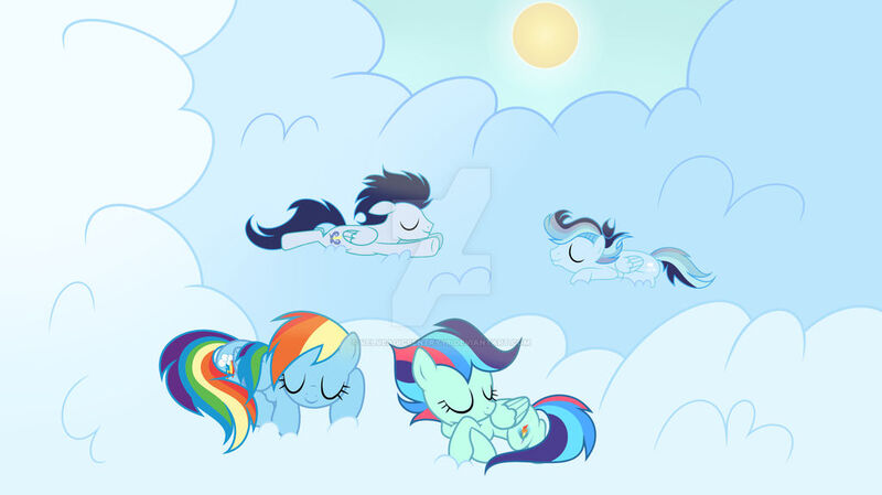 Size: 1024x575 | Tagged: safe, artist:velveagicsentryyt, derpibooru import, rainbow dash, soarin', oc, oc:prisdale, oc:rainbow blitzes, pegasus, pony, cloud, female, image, jpeg, male, mare, offspring, parent:rainbow dash, parent:soarin', parents:soarindash, shipping, sleeping, soarindash, stallion, straight