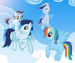 Size: 1024x862 | Tagged: safe, artist:liya04, derpibooru import, rainbow dash, soarin', oc, pegasus, pony, cloud, colt, female, filly, flying, foal, image, jpeg, male, mare, offspring, parent:rainbow dash, parent:soarin', parents:soarindash, shipping, sky, soarindash, stallion, straight