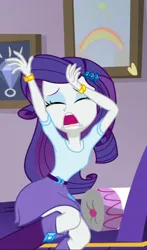 Size: 720x1227 | Tagged: safe, derpibooru import, rarity, human, dance magic, equestria girls, spoiler:eqg specials, bed, belt, boots, clothes, crying, drama queen, female, high heel boots, image, jpeg, marshmelodrama, pillow, rarity being rarity, rarity's purple boots, shirt, shoes, skirt