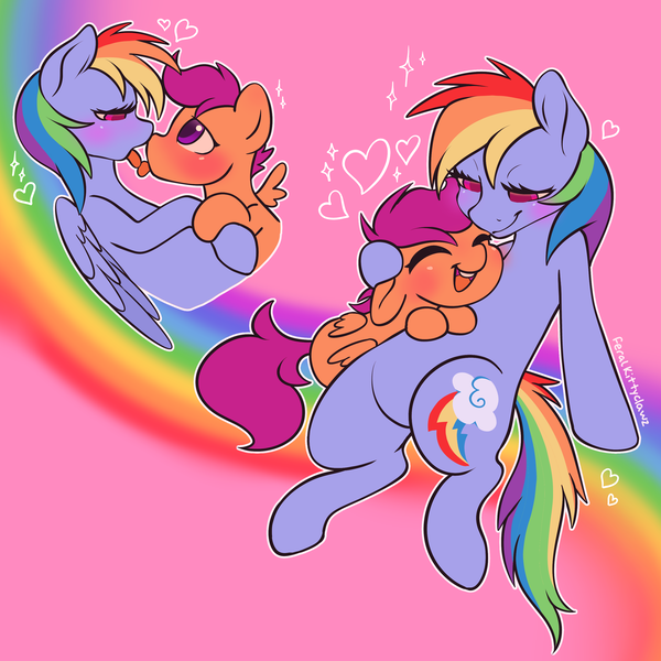 Size: 3000x3000 | Tagged: suggestive, artist:feralkittyclawz, derpibooru import, rainbow dash, scootaloo, pegasus, pony, bedroom eyes, blushing, duo, duo female, eyes closed, female, filly, foal, folded wings, french kiss, g4, heart, image, kissing, lesbian, looking at each other, looking at someone, mare, open mouth, open smile, png, rainbow, scootadash, shipping, signature, smiling, sparkles, spread wings, tail, tongue out, underage, wings