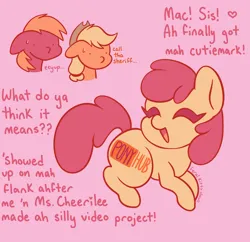 Size: 3000x2900 | Tagged: suggestive, artist:feralkittyclawz, derpibooru import, apple bloom, applejack, big macintosh, earth pony, pony, alternate cutie mark, applejack's hat, cowboy hat, dot eyes, eyes closed, female, filly, floppy ears, foal, g4, hat, heart, image, implied foalcon, implied underage, male, mare, missing accessory, open mouth, open smile, pink background, png, simple background, smiling, stallion, sweat, sweatdrop, tail