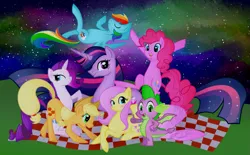 Size: 1135x704 | Tagged: safe, artist:necroticdelay, derpibooru import, applejack, fluttershy, pinkie pie, princess twilight 2.0, rainbow dash, rarity, spike, twilight sparkle, twilight sparkle (alicorn), alicorn, dragon, earth pony, pegasus, pony, unicorn, the last problem, female, flying, image, looking at you, lying down, male, mane seven, mane six, mare, night, older, older twilight, picnic blanket, png, prone, smiling, smiling at you, thumbs up, winged spike, wings