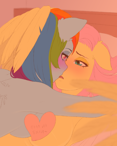 Size: 3200x4000 | Tagged: suggestive, artist:nikuriii, derpibooru import, fluttershy, rainbow dash, anthro, pegasus, blushing, breasts, busty fluttershy, busty rainbow dash, censored, female, floppy ears, flutterdash, heart, image, implied sex, lesbian, looking at each other, looking at someone, nudity, png, shipping