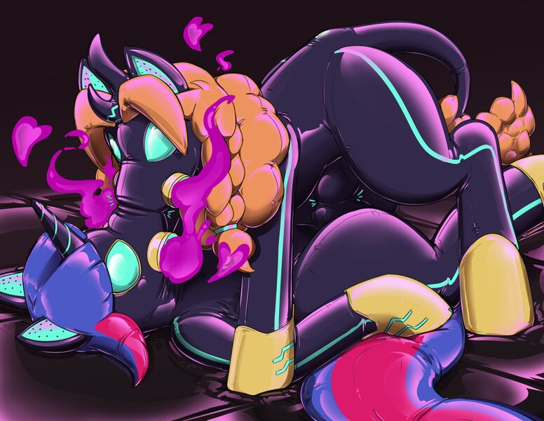 Size: 3300x2550 | Tagged: questionable, artist:helixjack, pear butter, oc, oc:mew, ponified, pony, bondage, canon x oc, drone, duo, encasement, image, jpeg, kissing, latex, rubber drone