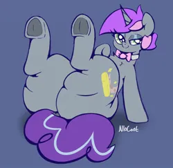 Size: 680x660 | Tagged: suggestive, artist:allicoot, derpibooru import, oc, oc:midnight butter, unicorn, ass, bedroom eyes, bowtie, butt, clothes, cutie mark, dock, image, jpeg, looking at you, raised hoof, smiling, smiling at you, smirk, socks, tail, the ass was fat, thigh highs, thighs, underhoof