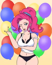 Size: 2000x2500 | Tagged: suggestive, artist:artevi, derpibooru import, pinkie pie, human, equestria girls, alternate hairstyle, arm under breasts, balloon, belly button, bra, breasts, busty pinkie pie, cleavage, clothes, female, humanized, image, looking at you, middle finger, midriff, nail polish, one eye closed, open mouth, panties, png, ponytail, scrunchie, sexy, solo, solo female, stupid sexy pinkie, tanktop, tongue out, underwear, vulgar, wink, winking at you