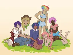 Size: 1031x775 | Tagged: safe, artist:juneaupaws, derpibooru import, applejack, fluttershy, pinkie pie, rainbow dash, rarity, twilight sparkle, human, blackwashing, dark skin, flower, flower in hair, humanized, image, jpeg, light skin, lying down, mane six, prone, the pose, tumblr nose