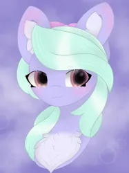 Size: 1734x2313 | Tagged: safe, artist:sodapop sprays, derpibooru import, flitter, pegasus, pony, blushing, bow, bust, chest fluff, commission, ear fluff, image, looking at you, png, simple background, solo, ych result