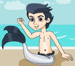 Size: 739x645 | Tagged: safe, artist:ocean lover, derpibooru import, rumble, human, merboy, mermaid, merman, background, beach, belly, belly button, child, cloud, confident, cute, fins, flexing, grin, human coloration, humanized, image, looking at you, male, male nipples, ms paint, nipples, nudity, ocean, outdoors, png, purple eyes, rumblebetes, sand, sitting, sky, sky background, smiling, smirk, tail, tail fin, two toned hair, water, wave