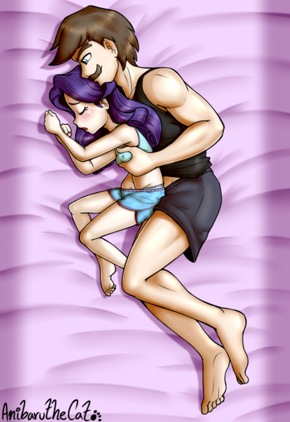 Size: 1194x1737 | Tagged: questionable, artist:anibaruthecat, banned from derpibooru, hondo flanks, rarity, human, barefoot, bed, clothes, father and child, father and daughter, feet, female, grope, humanized, image, lolicon, male, molestation, personal space invasion, png, shirt, shorts, t-shirt, underage