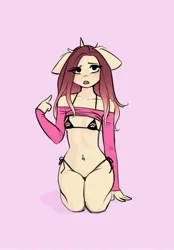 Size: 2082x2991 | Tagged: suggestive, artist:katputze, derpibooru import, oc, oc:crimson sunset, unofficial characters only, anthro, pony, unicorn, belly button, belly piercing, bikini, blushing, breasts, clothes, eye clipping through hair, female, floppy ears, image, jpeg, kneeling, mare, micro bikini, piercing, pink background, simple background, small breasts, solo, solo female, swimsuit