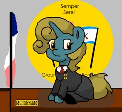 Size: 600x550 | Tagged: safe, artist:republic ball, derpibooru import, oc, oc:caltana beauregard, unofficial characters only, pony, unicorn, bust, clothes, crystal curtain: world aflame, desk, equestrian flag, flag, general, ground defence forces, horn, image, looking at you, medals, necktie, paint.net, pants, png, portrait, seal in background, skirt, solo, suit, unicorn oc