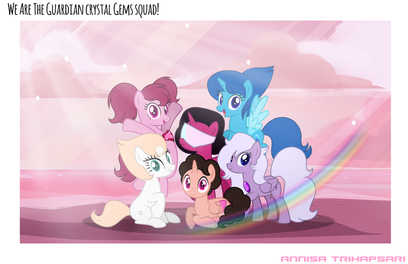 Size: 2675x1734 | Tagged: safe, artist:hatsuukki, artist:siti shafiyyah, derpibooru import, ponified, alicorn, earth pony, hybrid, pegasus, pony, unicorn, spoiler:steven universe, spoiler:steven universe: the movie, amethyst, amethyst (steven universe), artificial wings, augmented, base used, cartoon network, crystal gems (steven universe), equine, female, feralized, furrified, fusion, garnet (steven universe), gem, gem (steven universe), glasses, group, happy, headwear, hydrokinesis, ibis paint, image, lapis lazuli, lapis lazuli (steven universe), looking at you, magic, magic wings, male, my little pony, open mouth, open smile, pearl, pearl (steven universe), png, sextet, shield, simple background, smiling, smiling at you, spear, species swap, spinel, spinel (steven universe), spoiler, steven universe, steven universe (steven universe), steven universe: the movie, sunlight, sunset, sword, text, visor, water, water wings, watermark, weapon, whip, wings