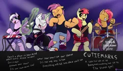 Size: 2800x1627 | Tagged: safe, artist:passionpanther, derpibooru import, apple bloom, babs seed, diamond tiara, scootaloo, sweetie belle, earth pony, pegasus, pony, unicorn, angry, clothes, cutie mark crusaders, drums, electric guitar, eyes closed, guitar, image, jpeg, microphone, musical instrument, piercing, punk, punk rock, rock band, song reference, stage, vylet pony