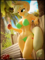 Size: 2880x3840 | Tagged: suggestive, artist:phenioxflame, derpibooru import, applejack, anthro, earth pony, art pack:equestria bikini club, abs, apple, belly button, big breasts, bikini, breasts, busty applejack, clothes, erect nipples, female, food, image, nipple outline, png, solo, solo female, sweat, swimsuit, toned, toned female