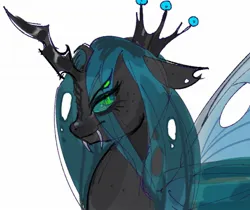 Size: 1762x1480 | Tagged: safe, artist:fluttr3, artist:xxk1ttyl1tterxx, derpibooru import, queen chrysalis, changeling, changeling queen, bust, crown, fangs, female, image, jewelry, jpeg, lidded eyes, looking back, regalia, simple background, solo, white background